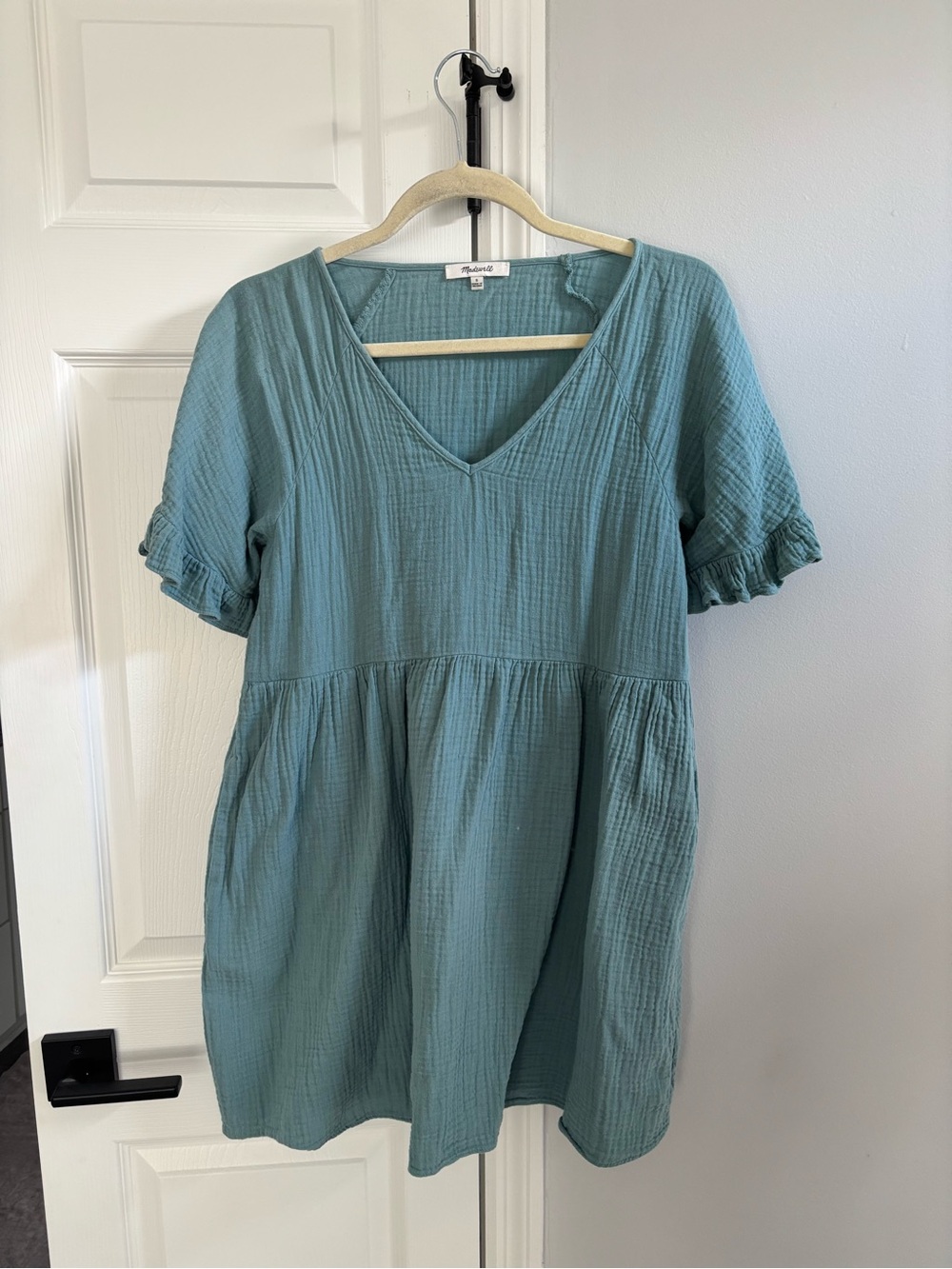 Madewell Teal V-Neck Babydoll Dress with Ruffle Sleeves